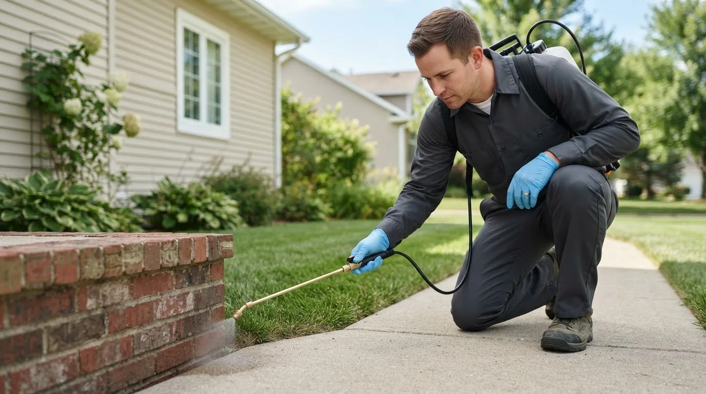 Pest control technician treating a home near Williamsburg, KS